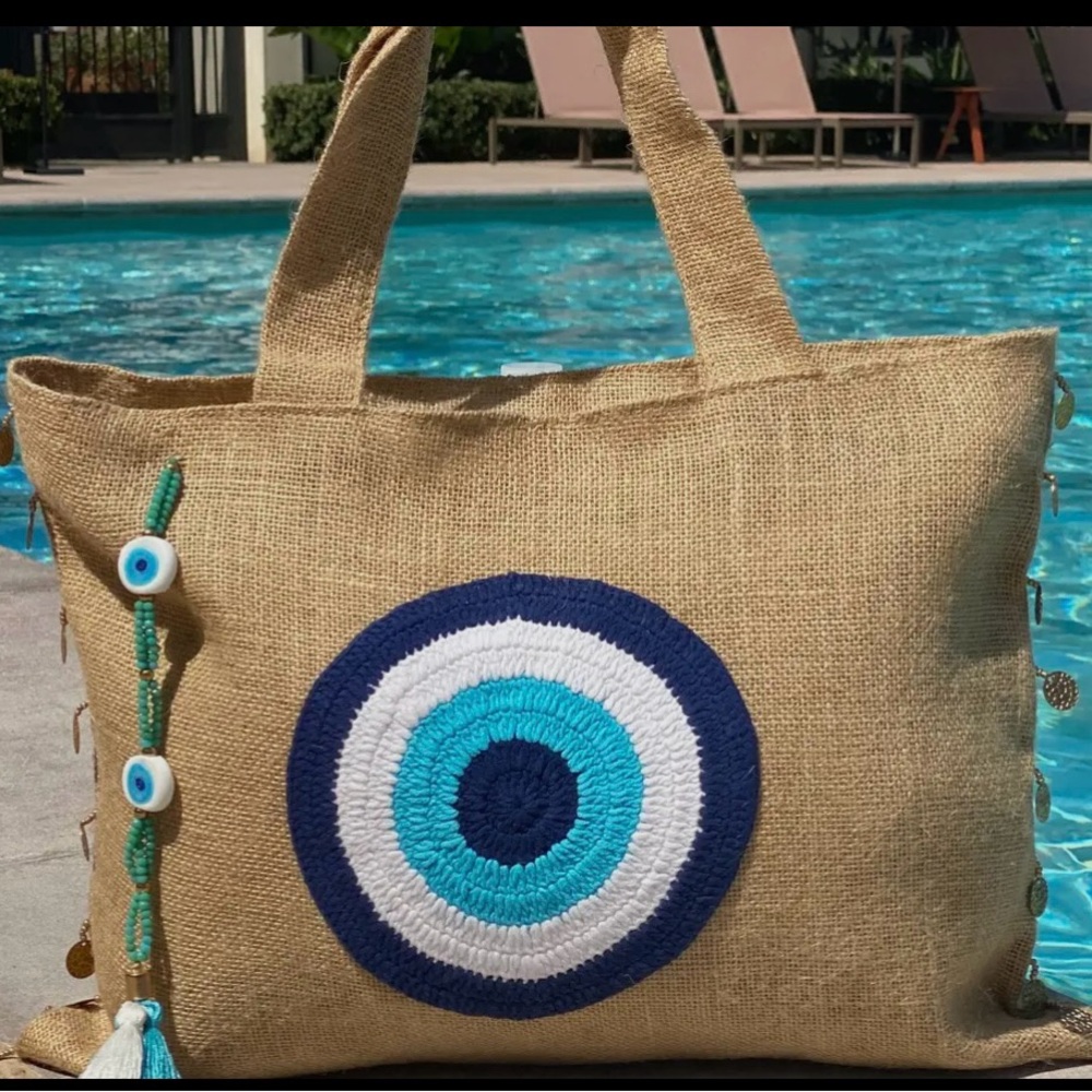 Greek Evil Eye Jute Shoulder Bag